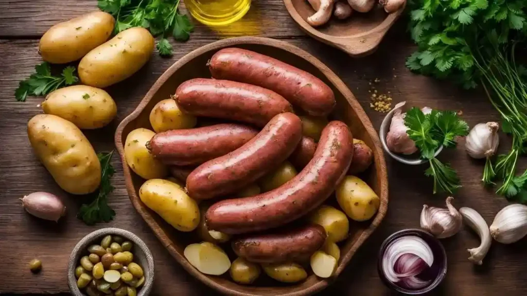 Essential ingredients for kielbasa and potatoes: kielbasa sausage, potatoes, garlic, parsley, and olive oil arranged on a wooden table.