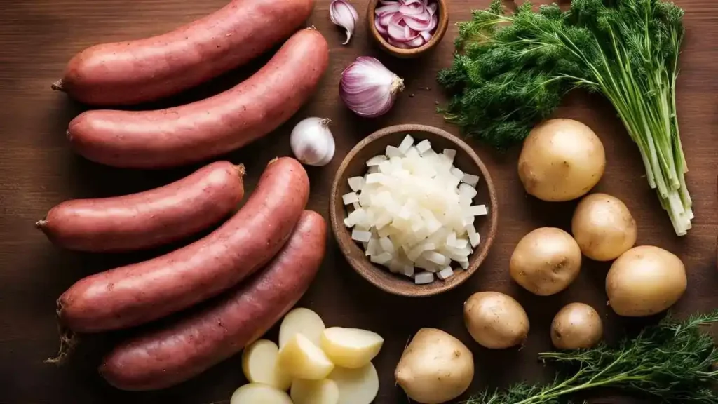 Fresh ingredients for a kielbasa potato skillet: sliced kielbasa, diced potatoes, chopped onions, minced garlic, and seasonings like paprika and thyme, arranged on a rustic wooden surface.