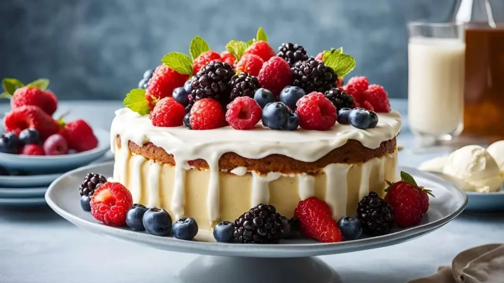 A beautifully presented Matilda Cake on a vintage cake stand, with slices served alongside vanilla ice cream, fresh berries, and whipped cream. The rustic wooden table is adorned with subtle props like a Matilda book and a movie ticket, evoking nostalgia and warmth.