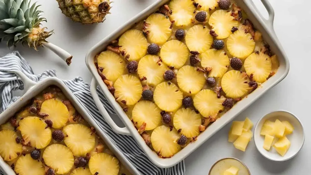 Golden pineapple casserole with a bubbly cheese and cracker topping, paired with text tips like 'Don’t overmix,' 'Let it rest,' and 'Adjust sweetness,' on a warm, inviting background.