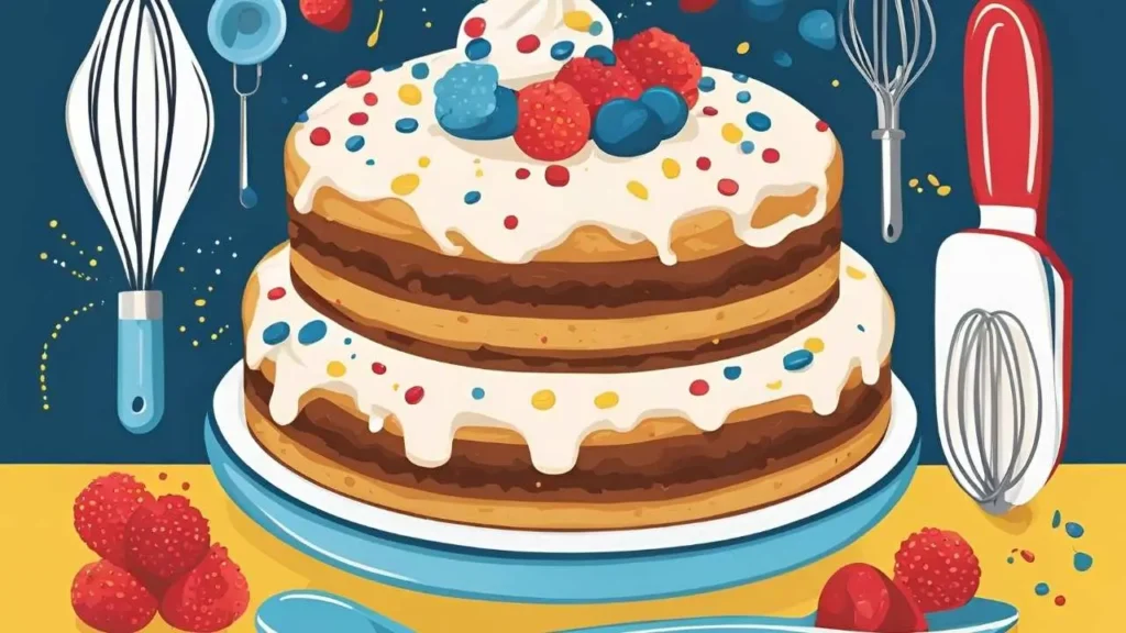 A colorful graphic featuring baking tools like a whisk, measuring cups, and an oven mitt, alongside a perfectly layered cake, with text highlighting tips and tricks for baking success.