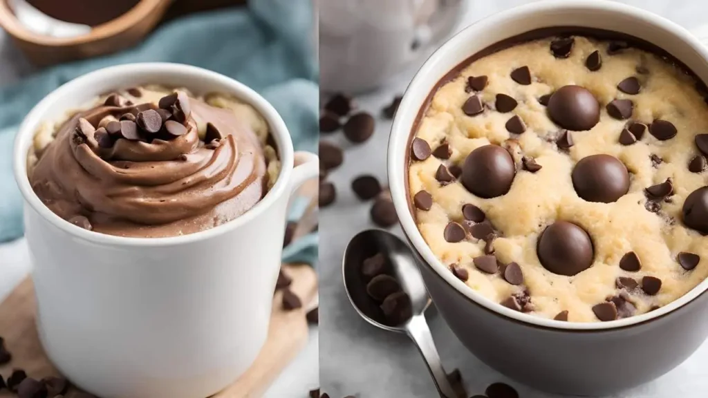 A step-by-step visual showing a mug with chocolate chip cake batter, a microwave, and a finished mug cake with melty chocolate chips, set on a cozy kitchen counter.