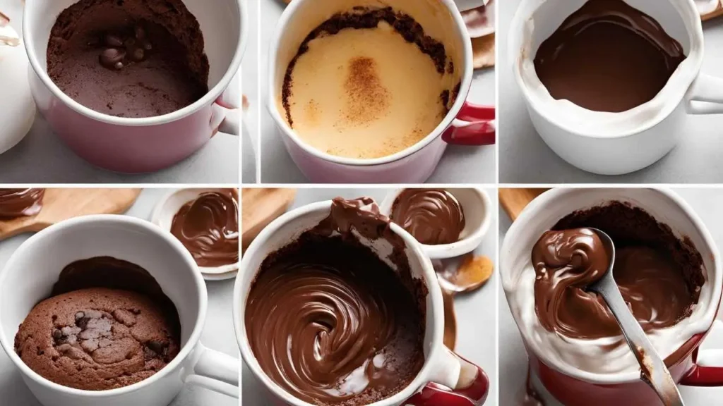 A step-by-step visual guide to making a fast chocolate mug cake: mixing dry ingredients, adding wet ingredients, stirring the batter, microwaving, and the final warm, gooey cake with melted chocolate chips. Set in a bright, cheerful kitchen.