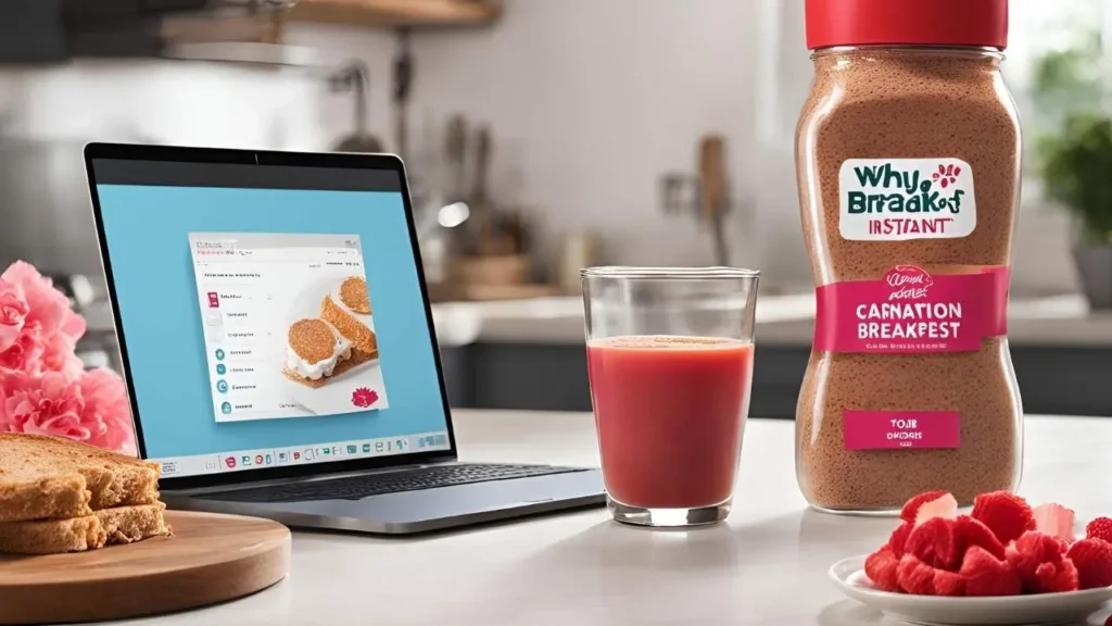 A glass of Carnation Instant Breakfast on a kitchen counter with a laptop, keys, and a to-go mug, showcasing its convenience for busy mornings.