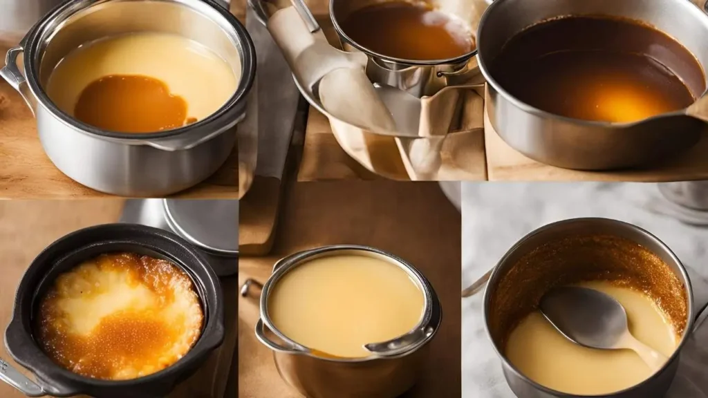 Step-by-step process of making Crab Brulee, from whisking the custard to baking in a bain-marie and torching the caramelized top.