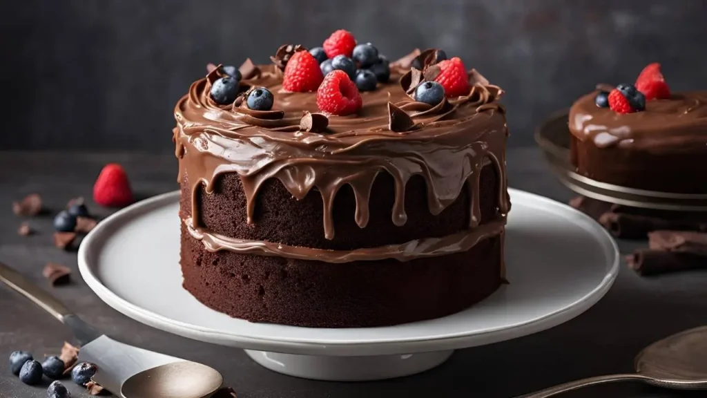 Close-up of a chocolate cake being frosted with smooth, glossy chocolate frosting, showcasing its rich texture.