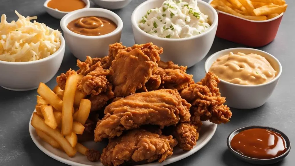 A selection of sides and sauces from Crown Fried Chicken, including crispy fries, coleslaw, mashed potatoes with gravy, and dipping sauces like BBQ and ranch.