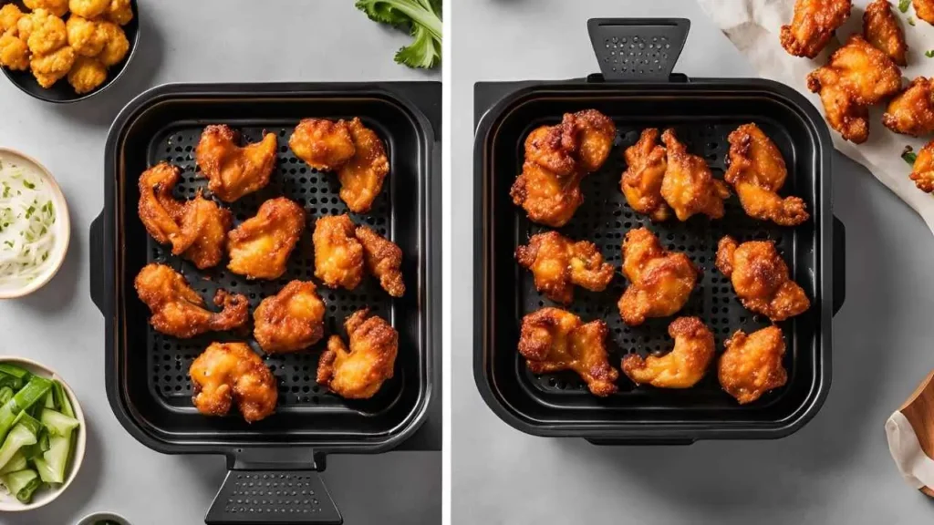 A split-image comparison of baking and air frying methods for BBQ cauliflower wings, showing a baking sheet in an oven and an air fryer basket, with golden, crispy wings in both.