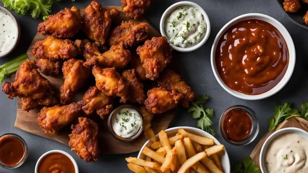 A platter of BBQ cauliflower wings with dipping sauces and sides, alongside an airtight container for storage, set on a rustic table.