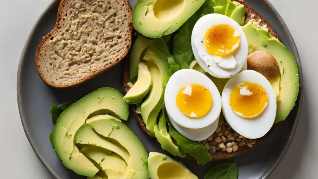 A plate features boiled eggs, avocado slices, and whole-grain toast. Bold text reads 'Egg Protein for Weight Management & Satiety,' with icons for fullness, metabolism, and healthy eating.