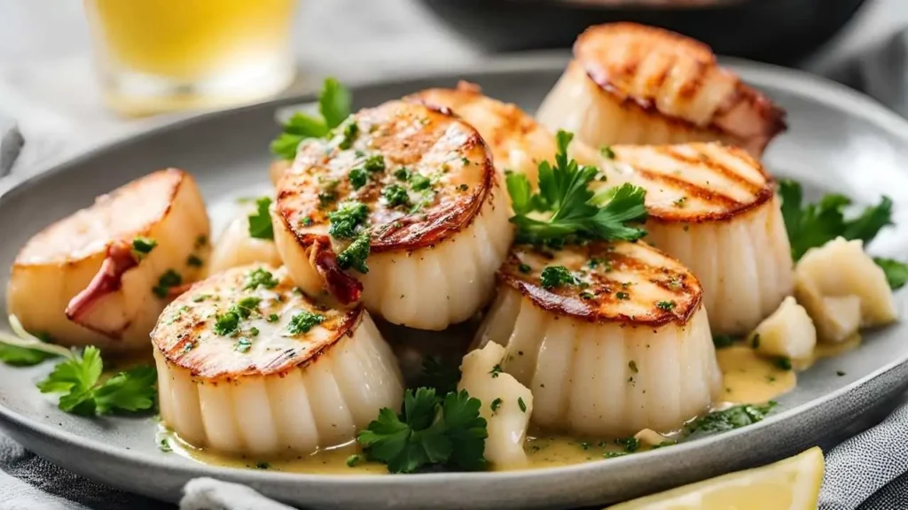 Perfectly seared scallops and lobster tails drizzled with garlic butter sauce, garnished with parsley and lemon, with text overlay sharing tips for the perfect garlic butter seafood recipe.