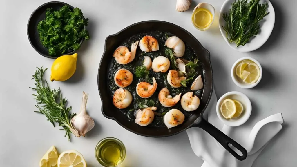 Visual tips for making perfect Garlic Butter Seafood, including searing scallops, preparing garlic butter sauce, using fresh herbs, and pairing with wine.