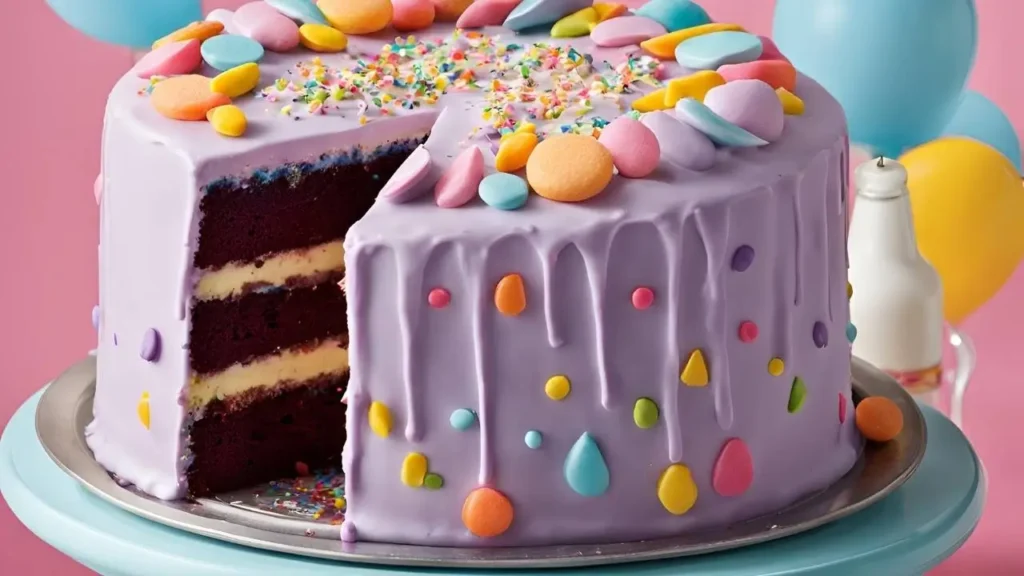 A slice of Matilda Cake with rich chocolate frosting, surrounded by baking tools and text bubbles with tips like “Don’t overmix!” and “Use room-temperature ingredients.”