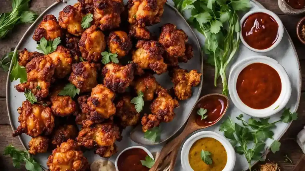 BBQ cauliflower wings plated with dipping sauces, garnishes, and sides, ready to be enjoyed.