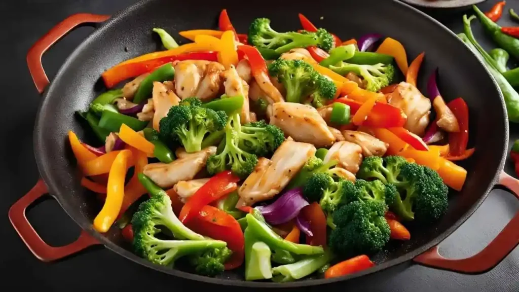 A sizzling wok filled with stir-fried thin-sliced chicken and colorful vegetables like bell peppers, broccoli, snap peas, and carrots, with steam rising and a wooden spoon resting on the side.