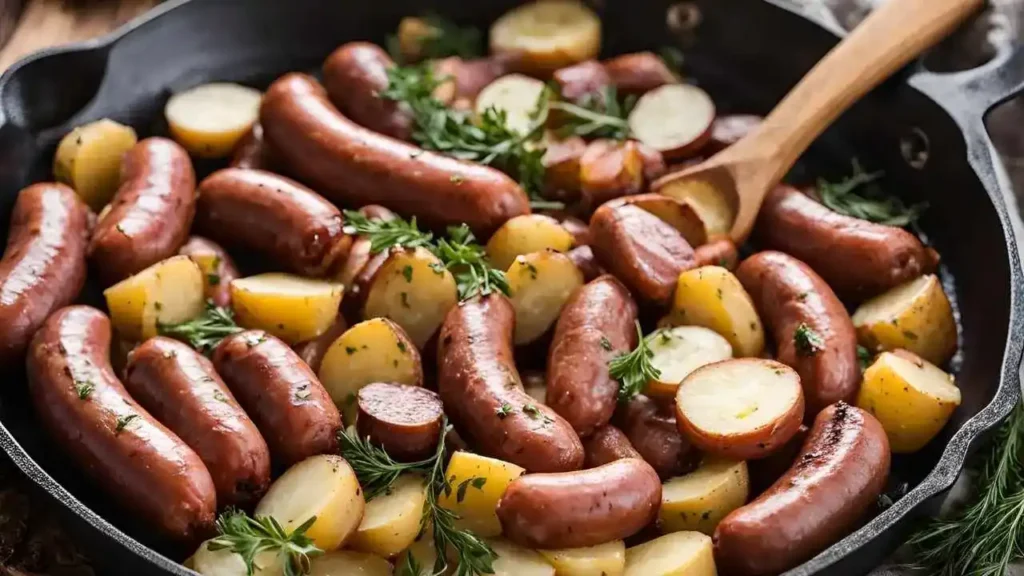 A skillet of sizzling kielbasa and potatoes with fresh parsley, showcasing the easy steps to make this hearty one-pan dish.