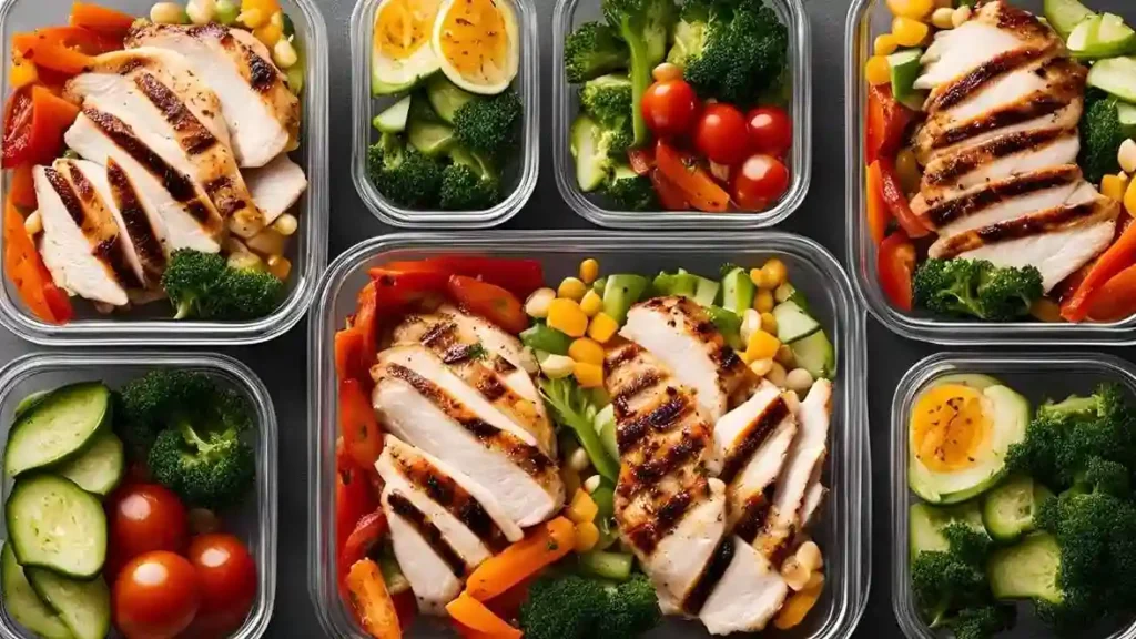 Grilled thin-sliced chicken with golden grill marks, neatly placed in meal prep containers with a side of roasted vegetables and quinoa.