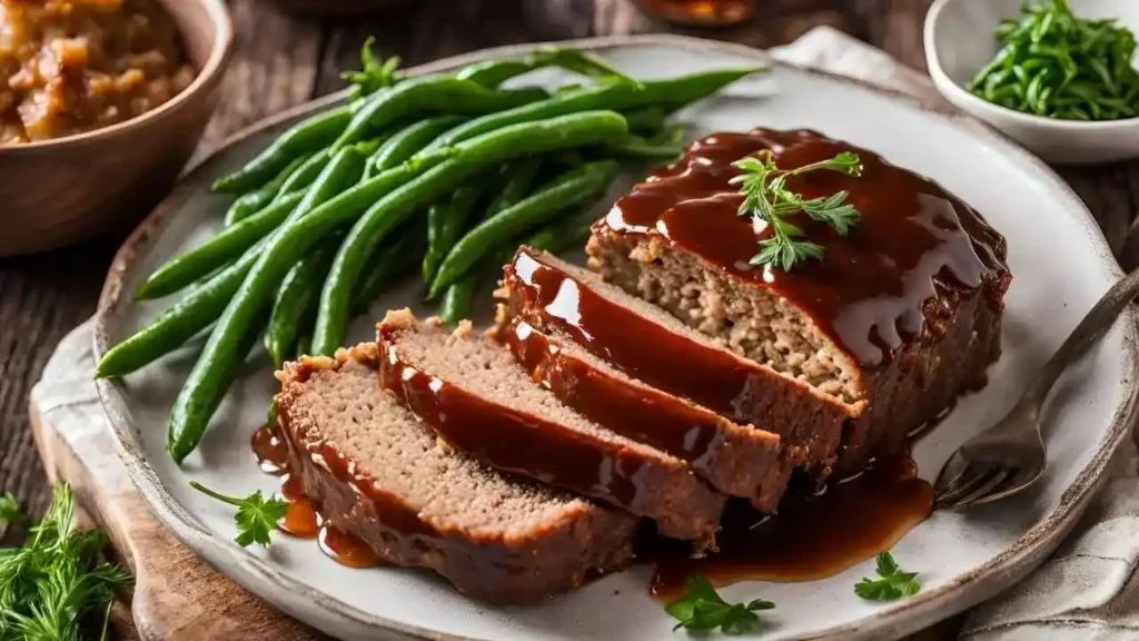 A juicy, sliced Lipton Onion Soup Meatloaf with a glossy glaze, served with mashed potatoes and green beans for the perfect meal.