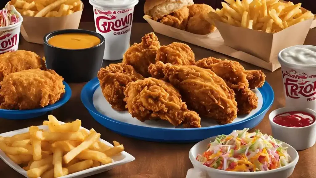 A display of Crown Fried Chicken’s special deals and combos, including a family meal with fried chicken, fries, coleslaw, and biscuits, and a combo meal with a chicken sandwich, fries, and a drink.