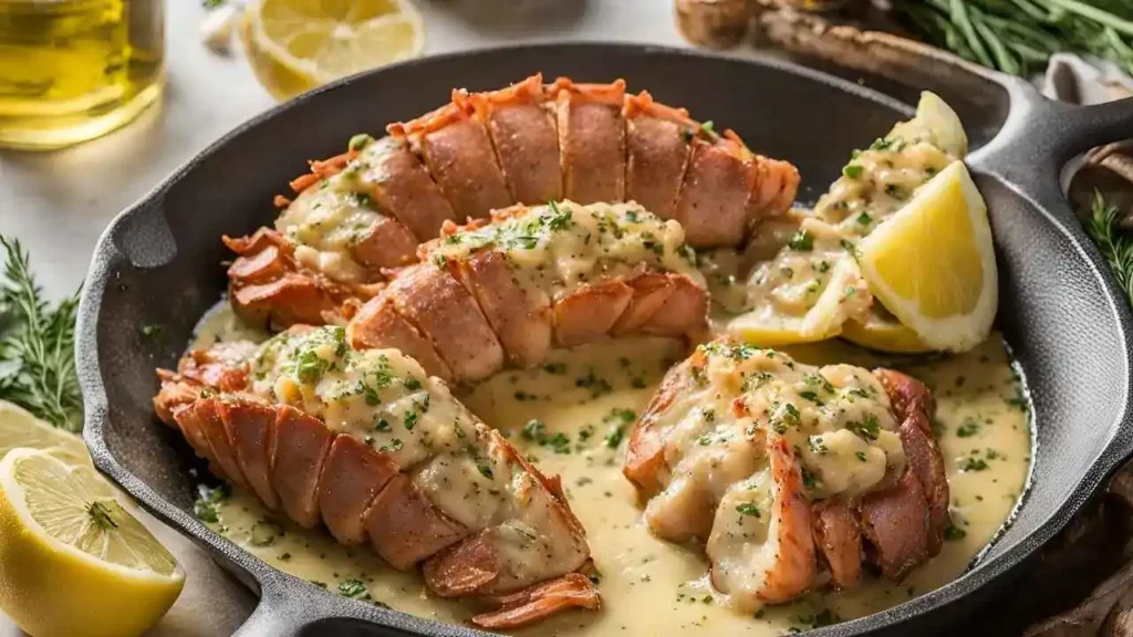 Close-up of seared lobster tails in a cast iron skillet with garlic butter sauce, alongside a checklist of tips for perfecting Garlic Butter Lobster.