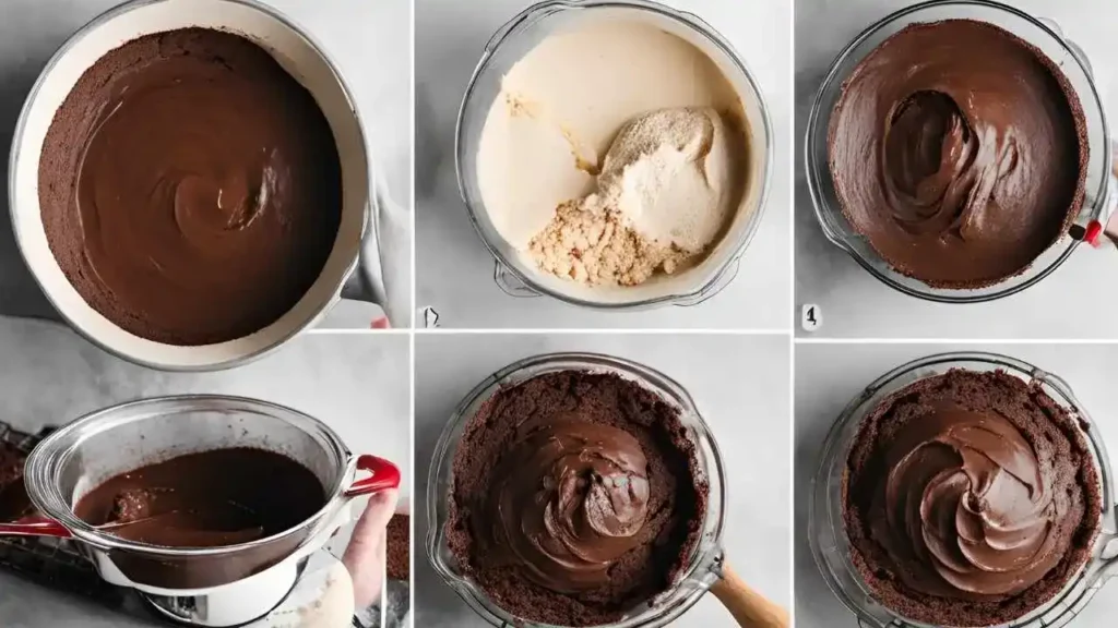 Step-by-step process of making Portillo’s Chocolate Cake at home, from mixing ingredients to the finished cake on the counter.