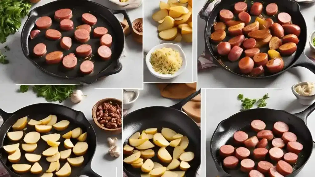 Step-by-step guide showing kielbasa and potatoes being cooked in a skillet, with key steps like seasoning and garnishing.