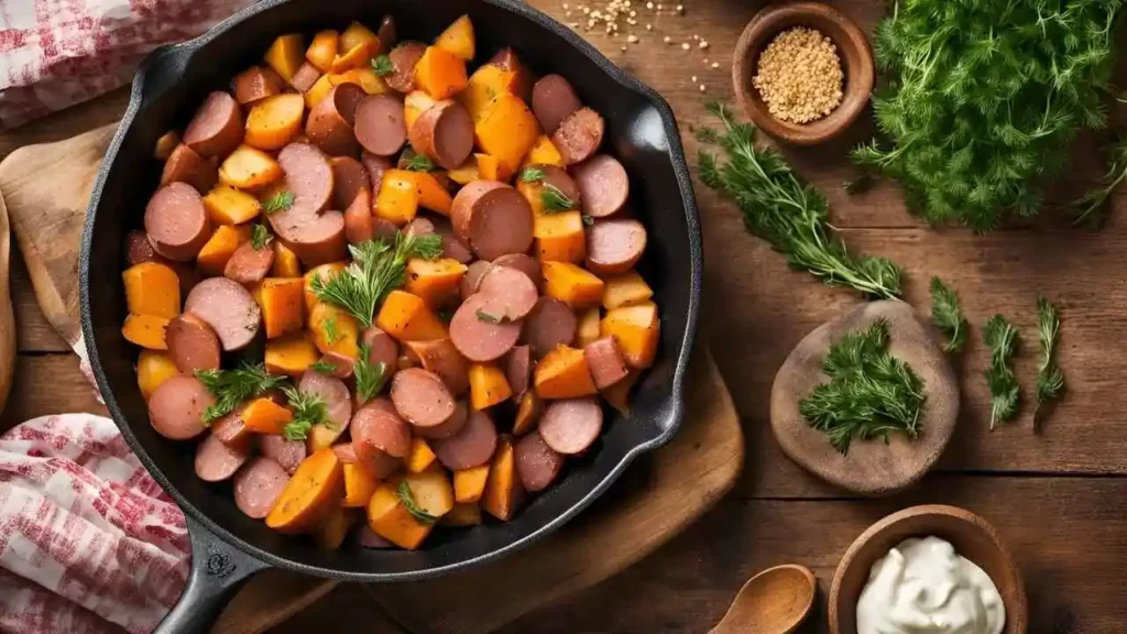 A skillet of kielbasa and potatoes surrounded by variations like sweet potatoes, red pepper flakes, sour cream, and fresh herbs, showcasing creative ways to customize the dish.