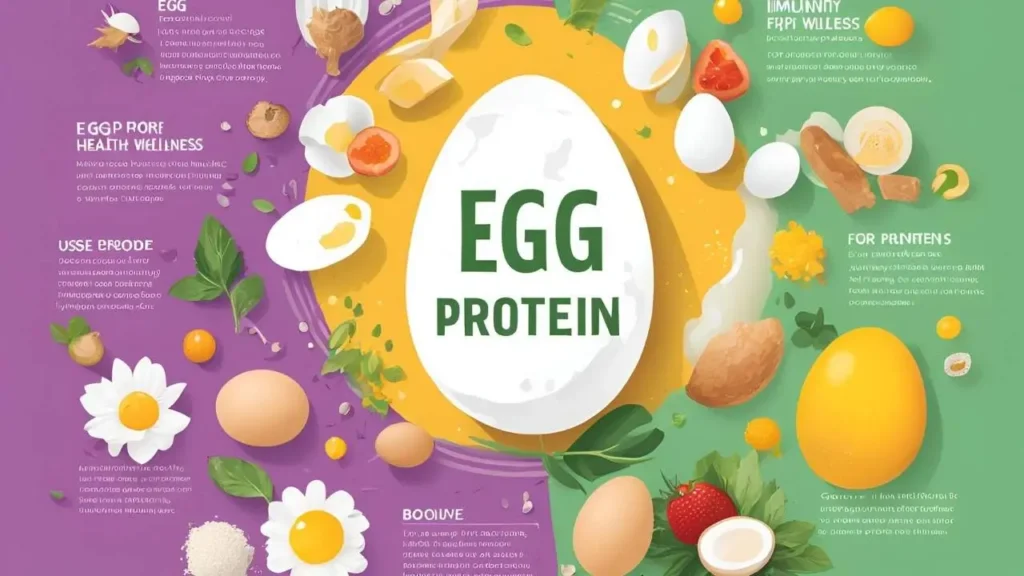 A cracked egg is surrounded by icons representing immunity, glowing skin, strong bones, and energy. Bold text reads 'Egg Protein for Overall Health & Wellness.'