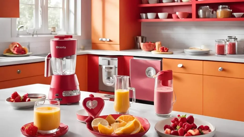 A kitchen counter featuring a glass of Carnation Breakfast Essentials, a blender making a smoothie, and a plate of pancakes with fruit toppings, set against a warm, inviting background.