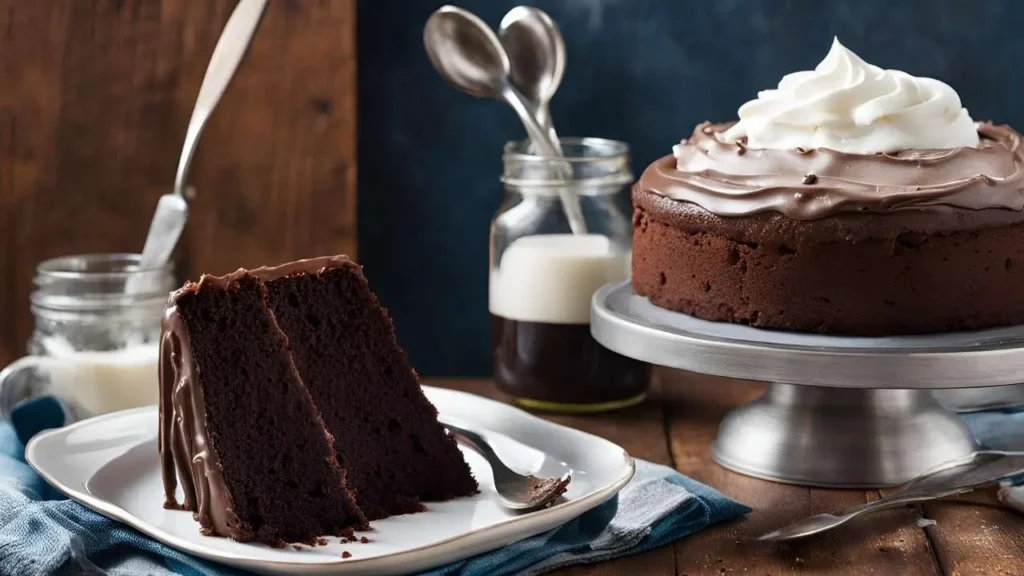 Baking tips and ingredients for elevating Portillo’s Chocolate Cake, featuring a notebook with tips, measuring spoons, and a frosted cake.