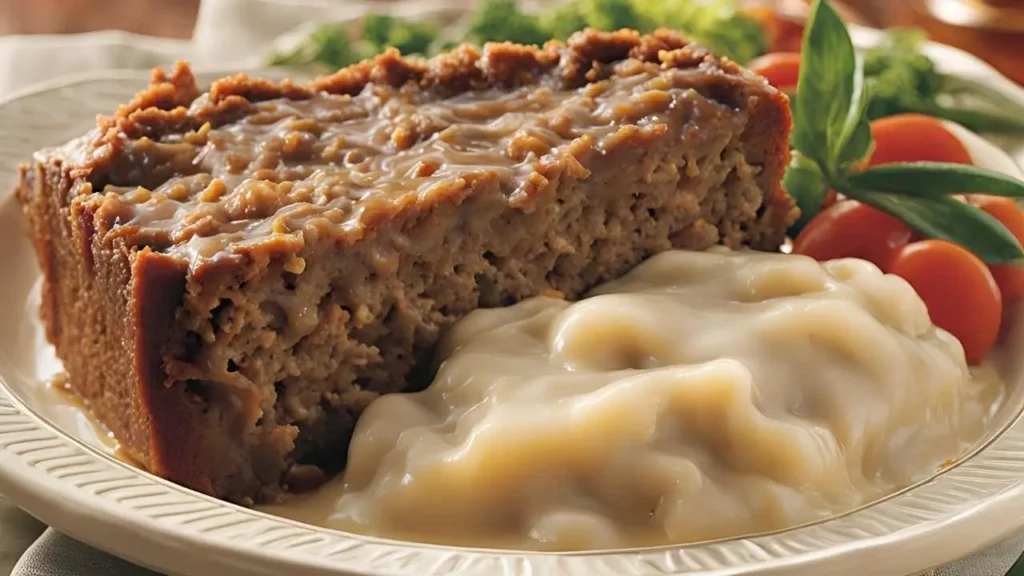 A deliciously sliced Lipton Onion Soup Meatloaf on a plate, with text bubbles highlighting common questions about the recipe.