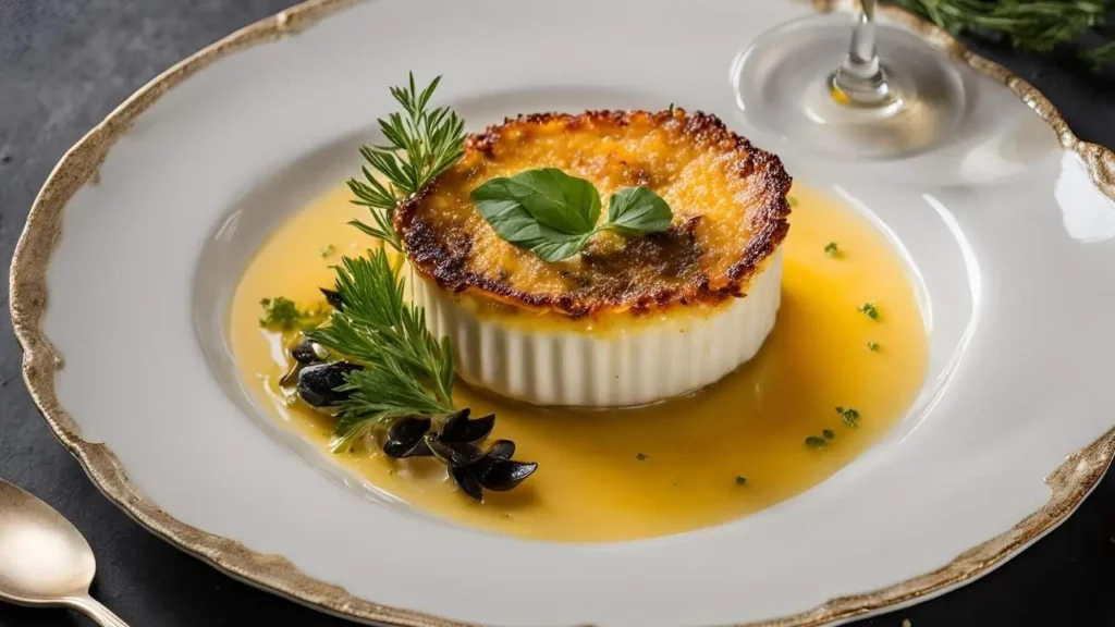 A perfectly caramelized Crab Brulee with a spoon breaking into its crisp top, served with white wine and fresh herbs.