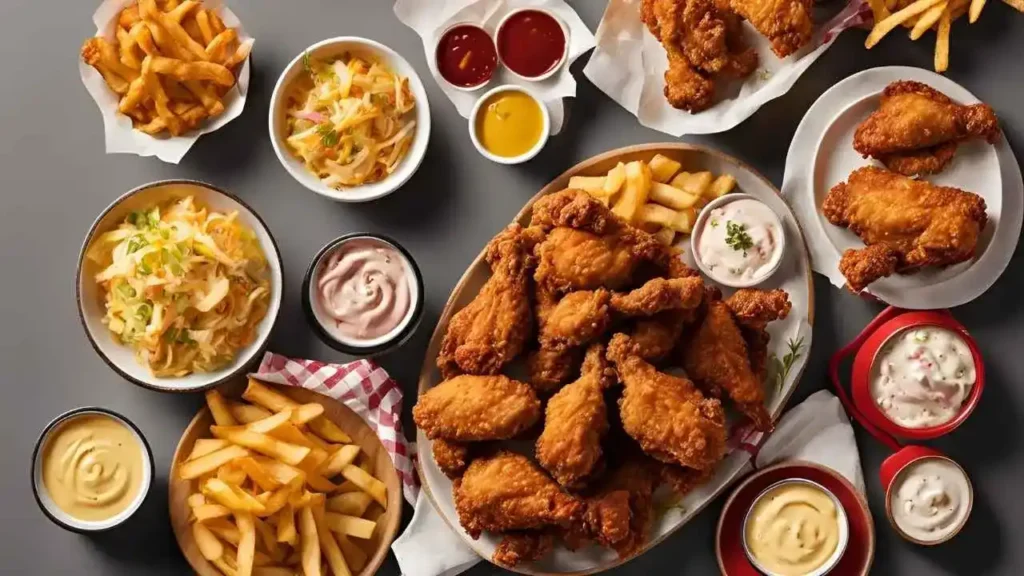 A table spread of Crown Fried Chicken’s must-try dishes, including golden fried chicken, crispy fries, buttery biscuits, coleslaw, and dipping sauces.