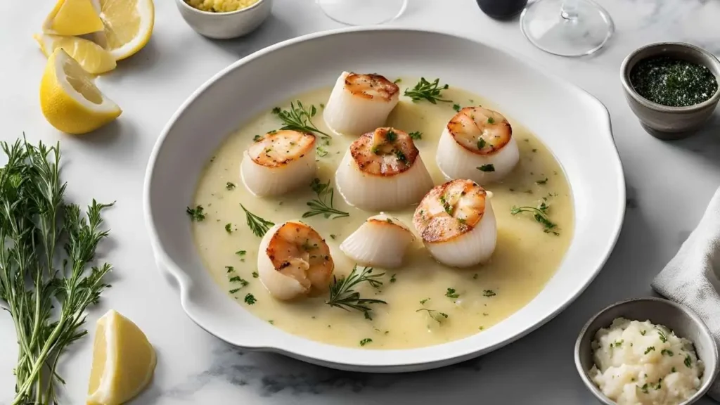 A gourmet plate of Garlic Butter Seafood with lobster and scallops, served with mashed potatoes, roasted asparagus, and a glass of white wine.