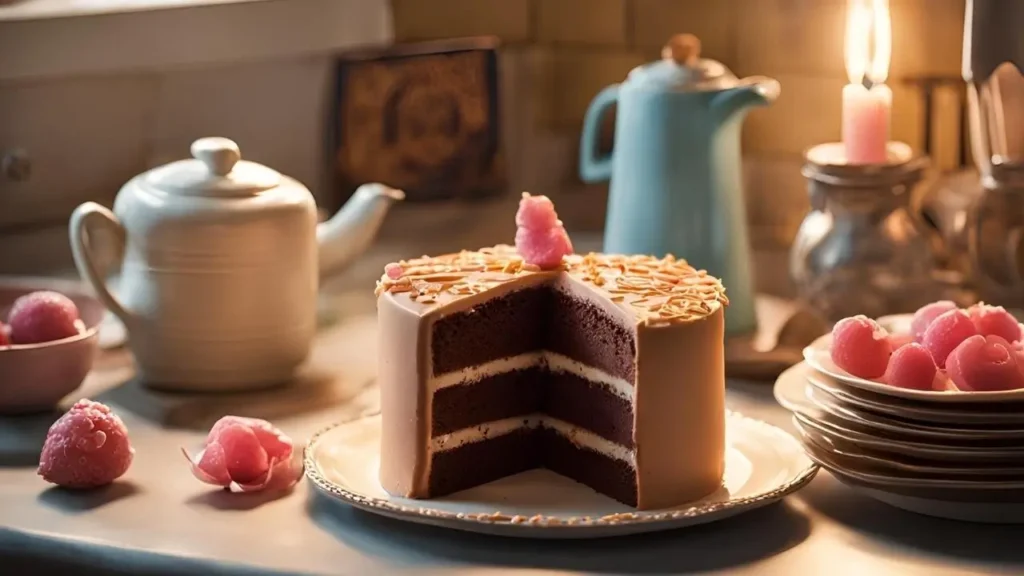 A slice of Matilda Cake with rich chocolate frosting on a vintage plate, set in a cozy kitchen with a Matilda book and warm lighting.