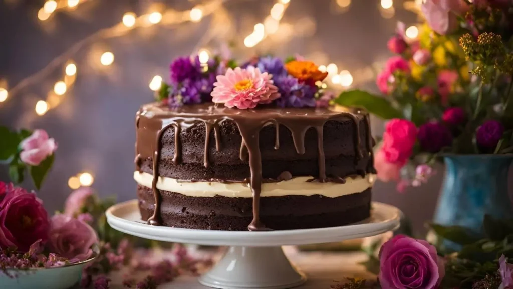 A family or group of friends gathered around a table, enjoying slices of Matilda Cake. The cake is the centerpiece, with a glass of milk and a copy of Matilda by Roald Dahl adding a nostalgic touch. Warm lighting and a checkered tablecloth create a cozy, inviting atmosphere.