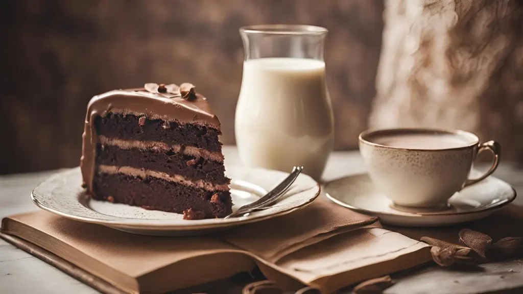 A slice of chocolate cake on a vintage plate, accompanied by a glass of milk and an open book, set against a warm, nostalgic background.