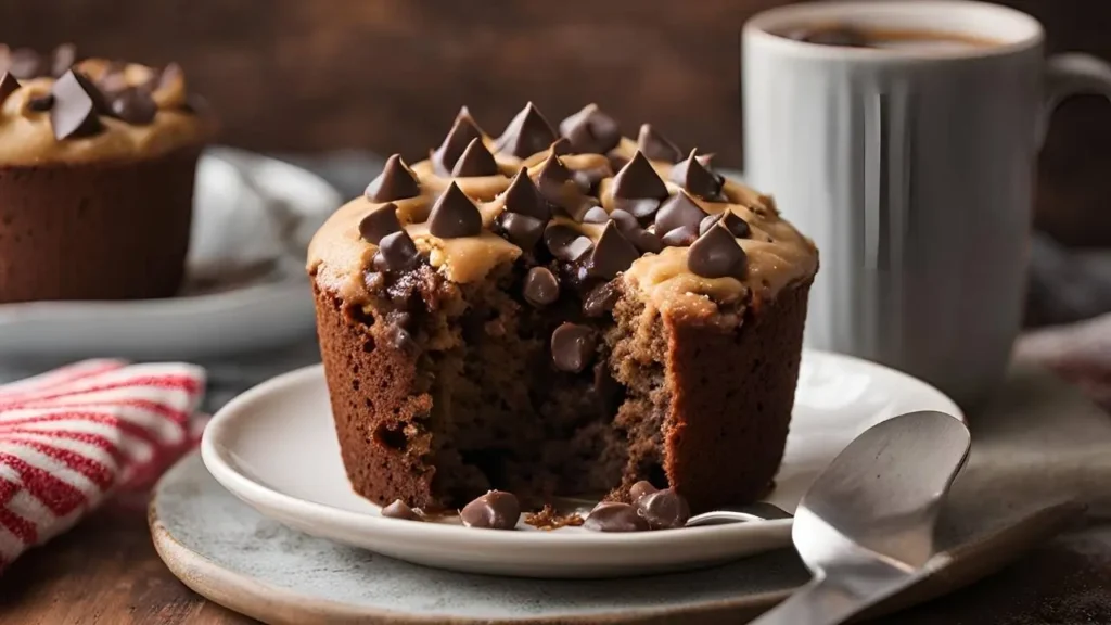 A perfectly baked chocolate chip mug cake in a mug, with text overlays sharing tips like 'Don’t overmix,' 'Use the right mug size,' and 'Adjust microwave time,' set on a rustic kitchen counter.