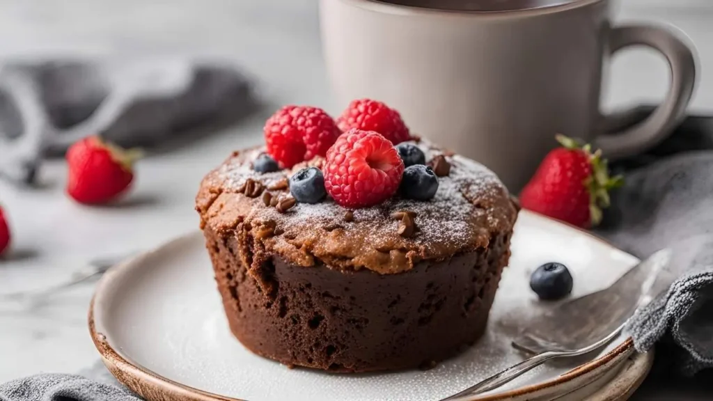 An infographic-style image about FAQs for making a chocolate mug cake. One side features a warm mug cake with melting chocolate chips, and the other side lists common questions like 'Can I make it gluten-free?' and 'How do I store leftovers?' in bold text. The design is clean and modern with a neutral background.