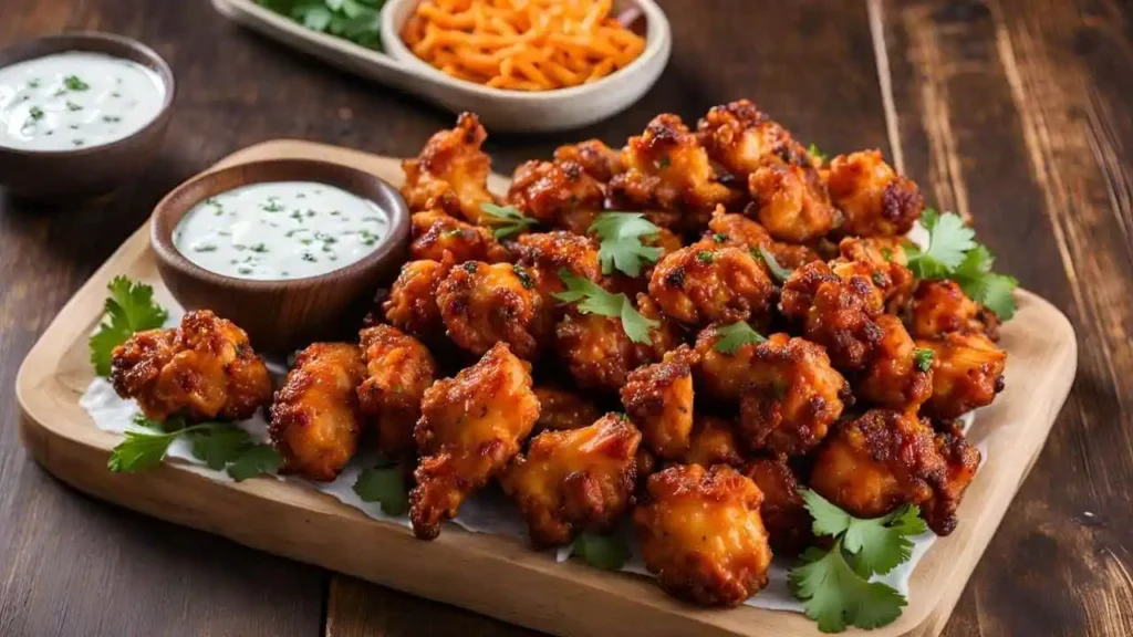 A serving platter of crispy BBQ cauliflower wings garnished with cilantro, accompanied by dipping sauces, sweet potato fries, and a glass of iced tea on a rustic wooden table.