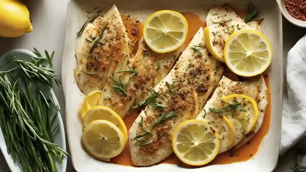 Golden-brown baked thin-sliced chicken breasts seasoned with spices like paprika and cumin, garnished with fresh rosemary sprigs and lemon slices, on a parchment-lined baking sheet.