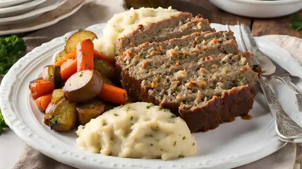 A plate of meatloaf with creamy mashed potatoes, roasted vegetables, and warm dinner rolls on the side.