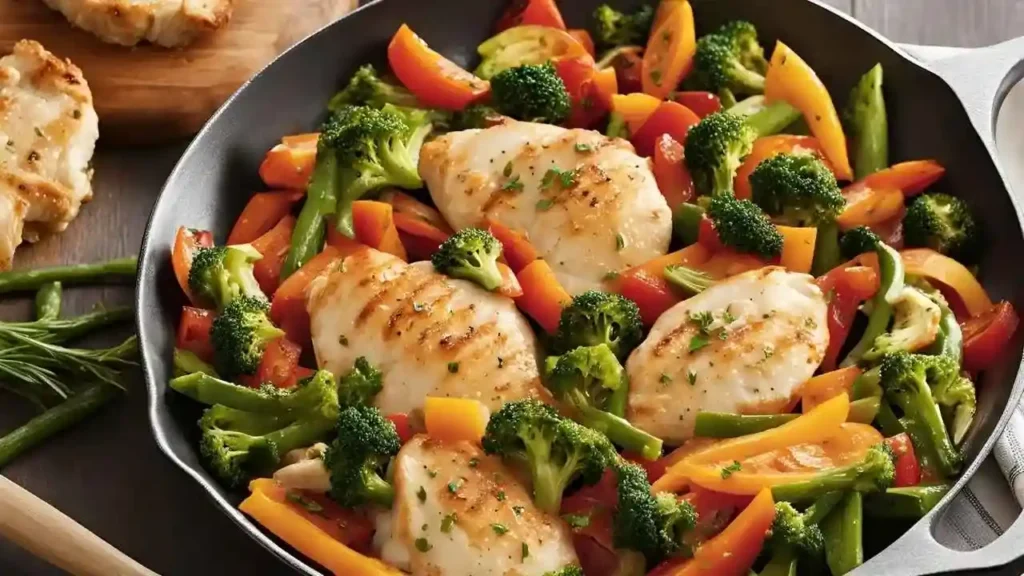 A skillet with thin-sliced chicken cooking alongside colorful vegetables, ready to be served for a quick and easy dinner.