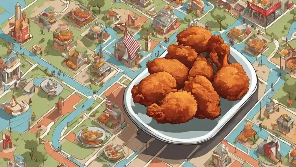 A map with pins showing Crown Fried Chicken locations and a delicious meal in the foreground.