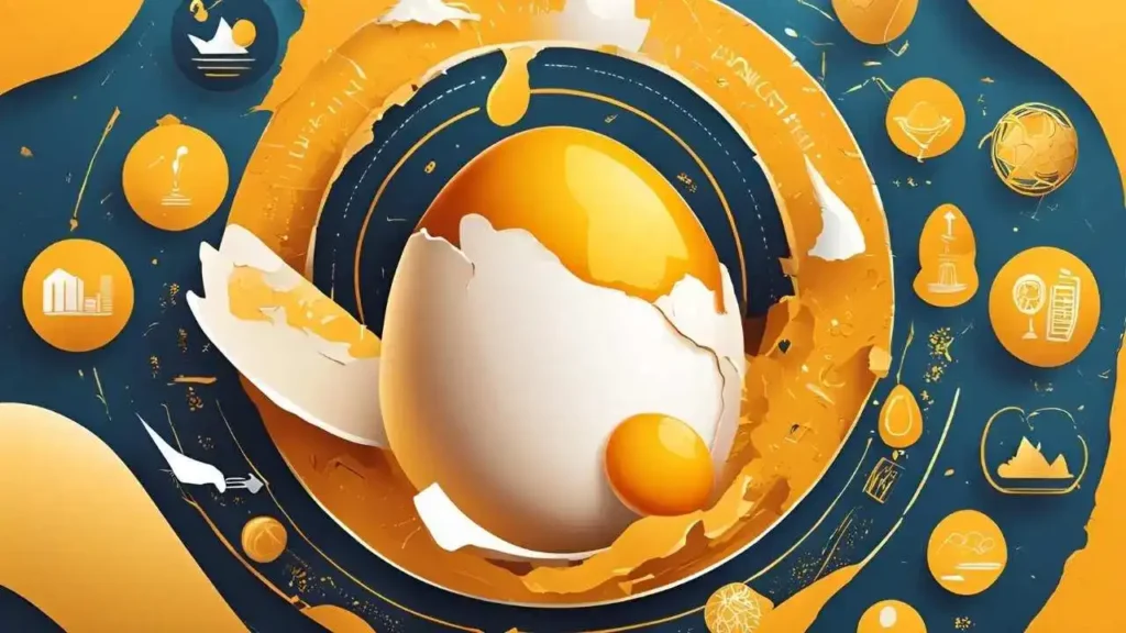 A cracked egg with a golden yolk, surrounded by icons symbolizing muscle growth, weight loss, glowing skin, and energy. The background is clean and modern, with bold text highlighting why egg protein is essential.