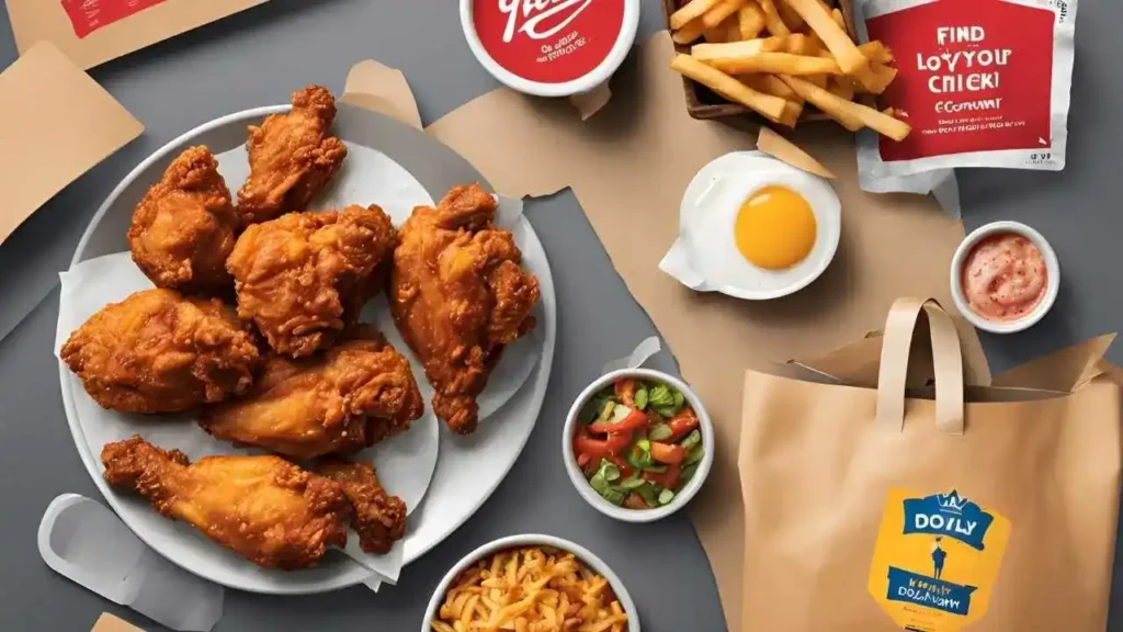 An illustration showing ways to enjoy Crown Fried Chicken near you, including finding locations, ordering delivery, and joining the loyalty program, set against a warm, inviting background.