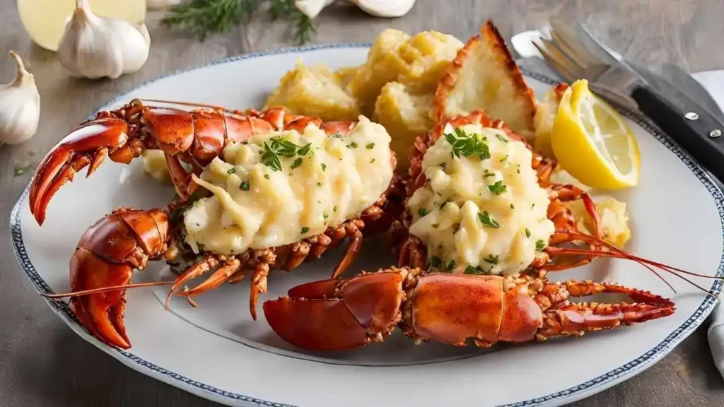 Plate of Garlic Butter Lobster with butterflied tails, scallops, and golden garlic butter sauce, garnished with parsley and a lemon wedge, alongside text: 'Elegant, Quick, and Perfect for Impressing Guests'.