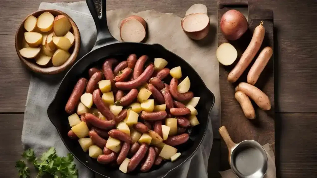 A skillet of kielbasa and potatoes next to a notebook with handwritten FAQs like “Can I use other sausages?” and “How to store leftovers?” on a light, rustic background.