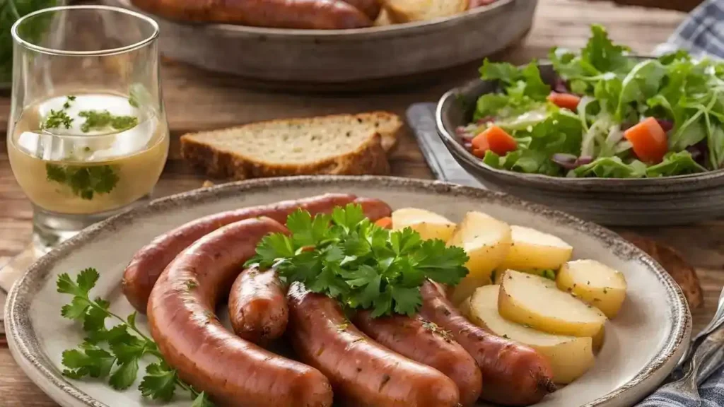 A plate of easy kielbasa and potatoes served with a fresh salad and crusty bread, alongside a glass container of leftovers, set on a rustic kitchen table.