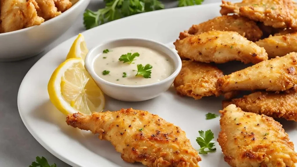 Golden, crispy air-fried thin-sliced chicken pieces on a white plate, garnished with fresh parsley and lemon wedges, with a side of dipping sauce in a small bowl.